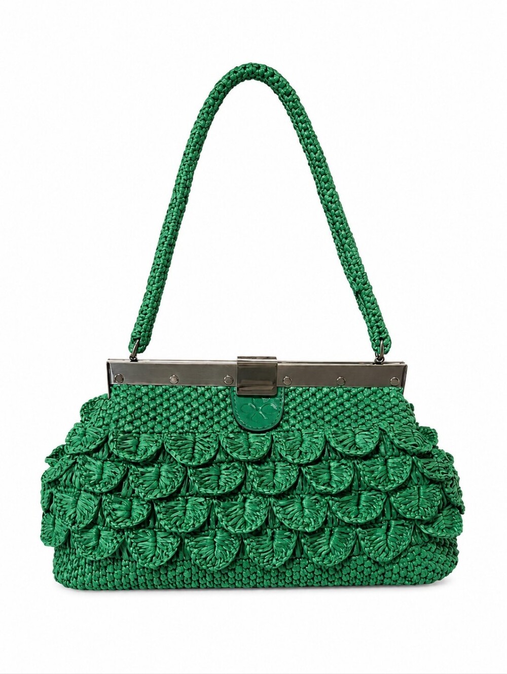 Patricia Nash Green Woven Raffia Ferrara Frame Handbag Floral Appliqué Leather